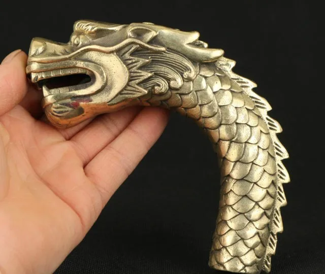

free shipping ASIAN CHINESE OLD COPPER HAND CARVED FEROCITY DRAGON STATUE WALKING STICK HEAD