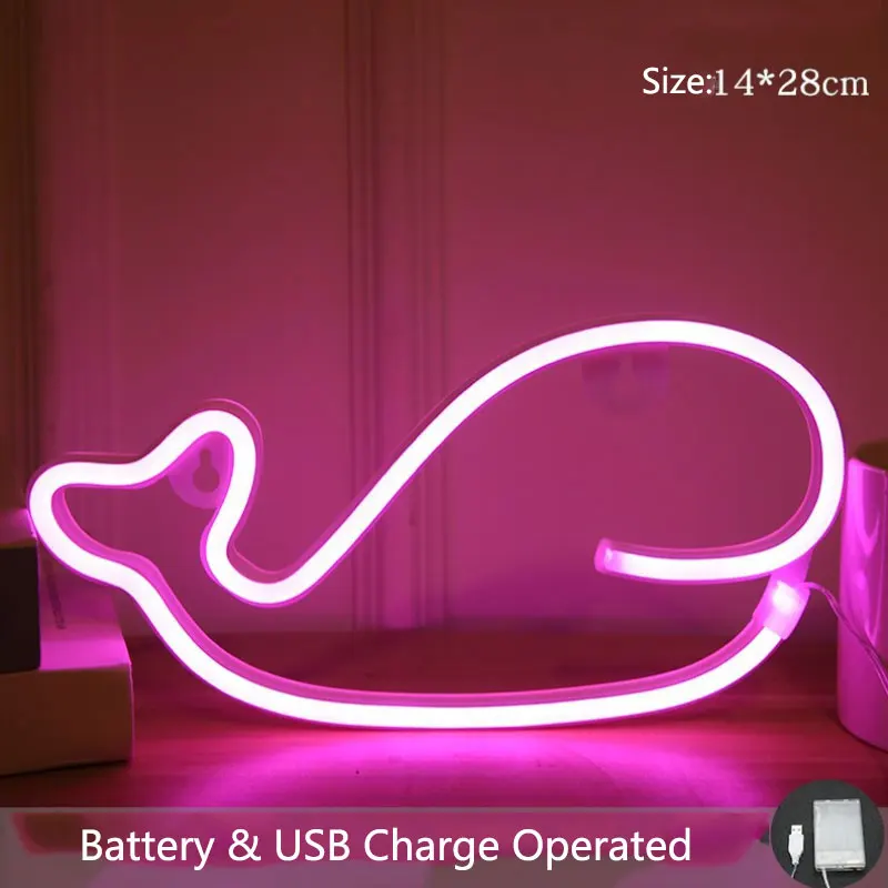 Светодиодный неоновый настенный светильник в форме Кита знак Ночной с батареей и