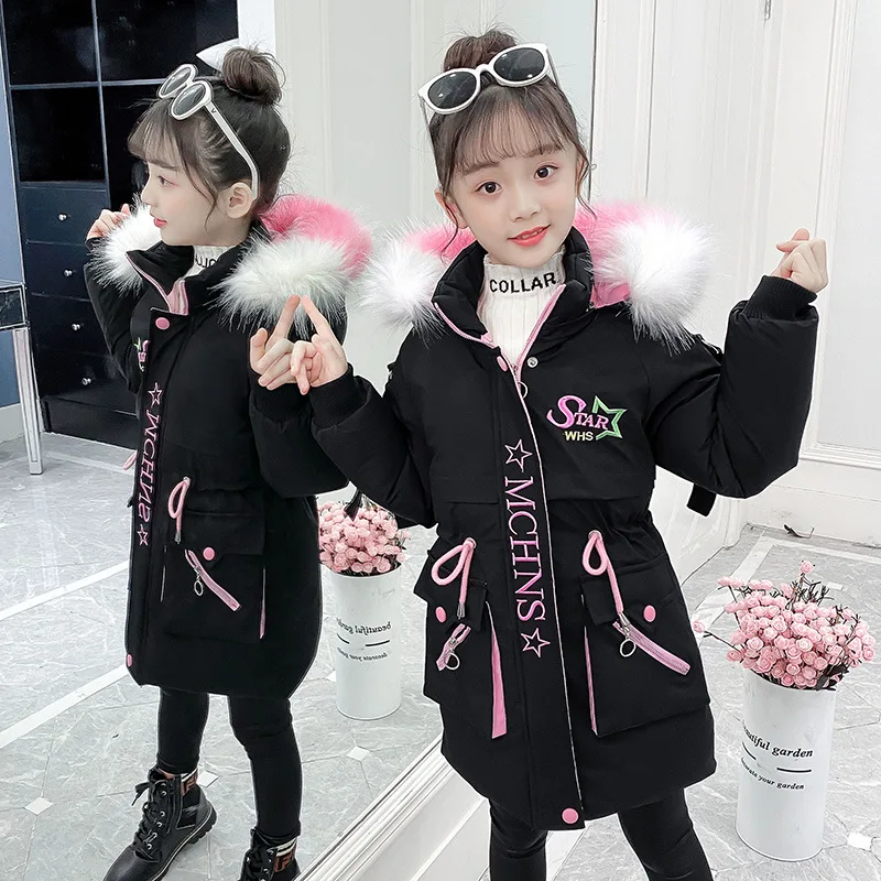 

Baby Girl Winter Jacket Fur collar Warm Toddler Girl Outerwear Thicken Girls Hooded jacket cotton teenager Kids Overcoat Parka