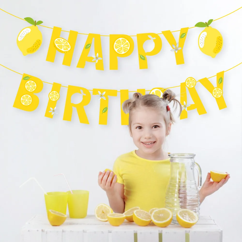 

Cartoon Fruit Lemon Theme Happy Birthday Banners Baby Shower Party Decorations Wall Hanging Bunting Kids Birthday Party Favors