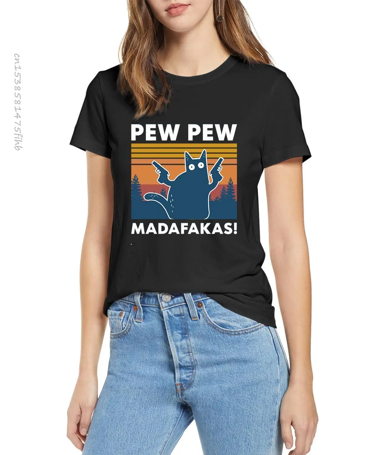 

Premium Women's Black Cat Pew Pew Madafakas T-Shirt Girl Funny Cat Gangster With Gun Meme Retro Humor Tops Tee Female Clothes