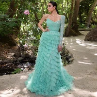 one shoulder sleeve a line evening dresses beaded layered arabic style specail occasion gown formal prom party dresses customize