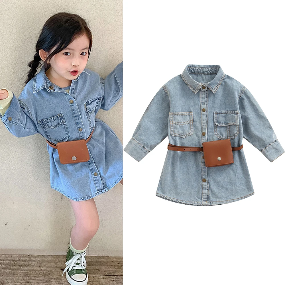 

2-5 Years Clothing Set Dress for Girls Kids Girls Denim Dress Lapel Solid Long Sleeves Baby Dress with Pockets Button Closure
