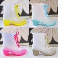fashion high heeled short rainbootswomens non slip waterproof shoesadult water bootrubber shoetransparent candy colors
