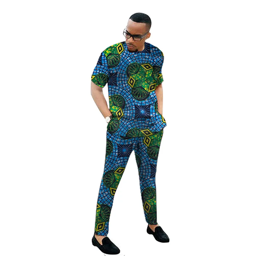 

Colorful Print Men Short Sleeve Tops With Pants Set Clothes African Suits Ghana Fashion Custom Made Wedding Garments