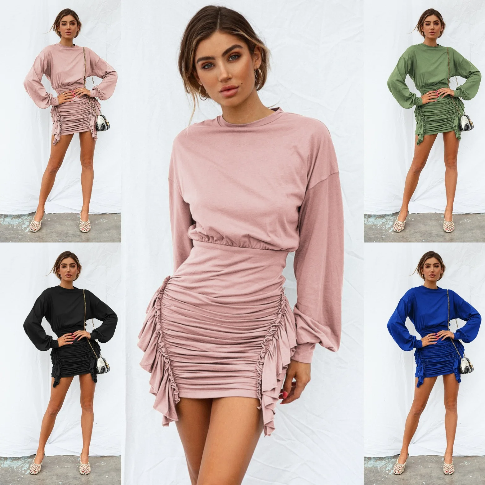 

Осенне-зимнее женское асимметричное приталенное платье средней вечерние Ны с круглым вырезом и длинными рукавами на ягодицах