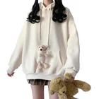 2021; Сезон весна-осень; Женская свободная милая блузка с карманами с насованной лентой игрушка толстовка с капюшоном колледжа для девочек повседневное Harajuku Kawaii пуловер Топы