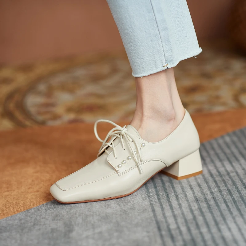 

ZVQ Woman Genuine Leather Working Shoes Spring New Style Square Toe Leisure Footwear Solid Colo Frenulum Concise Comfortable