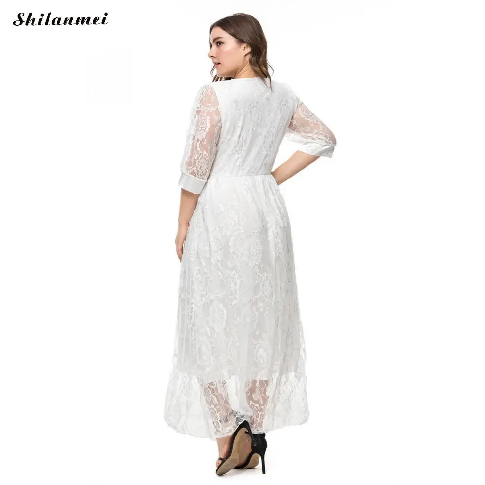 

2019 Autumn Plus Size Lace Dress Women Elegant White Two Layered Long Dress V-Neck Sexy Hollow Out Vintage Party Dress 5XL 6XL