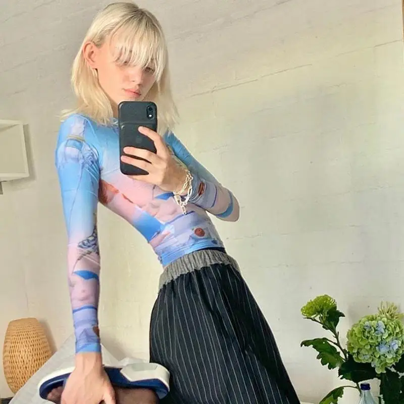 

Women Round Neck Tight-Fitting Fashion Slim-Fitting Animal Print Temperament Long-Sleeved T-Shirt Tops Personal All-Match T-Sh