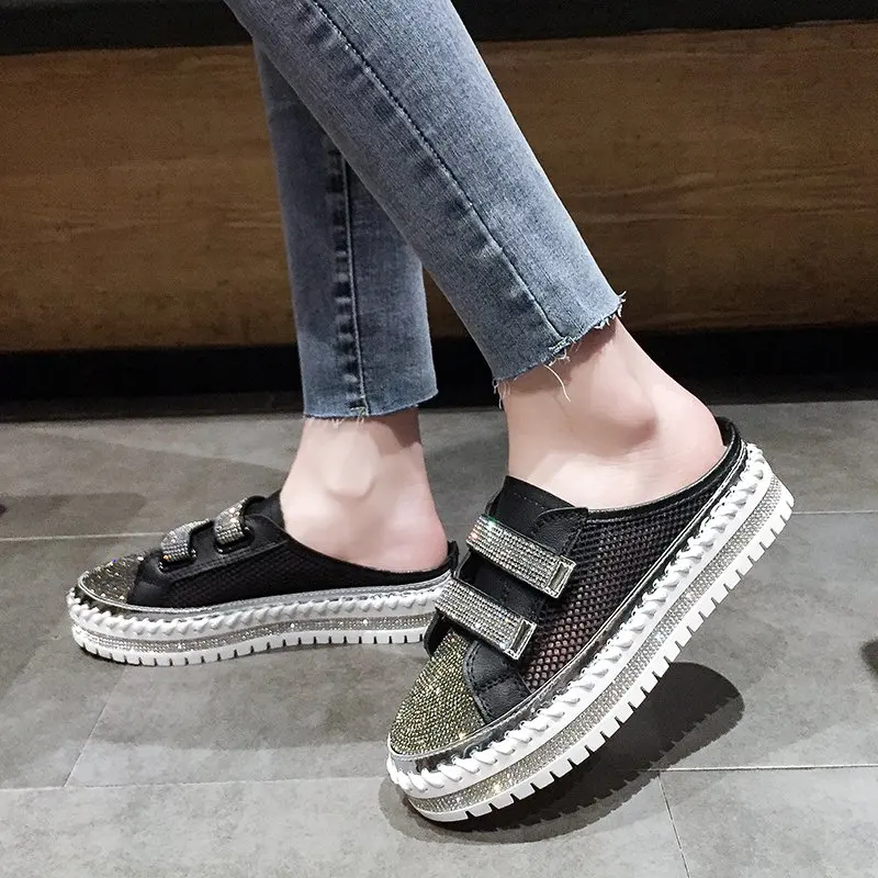 

Flat Shoes Female House Slippers Platform Low Cover Toe Loafers Slipers Women PU Slides 2021 Basic Fretwork Hook & Loop Rubber