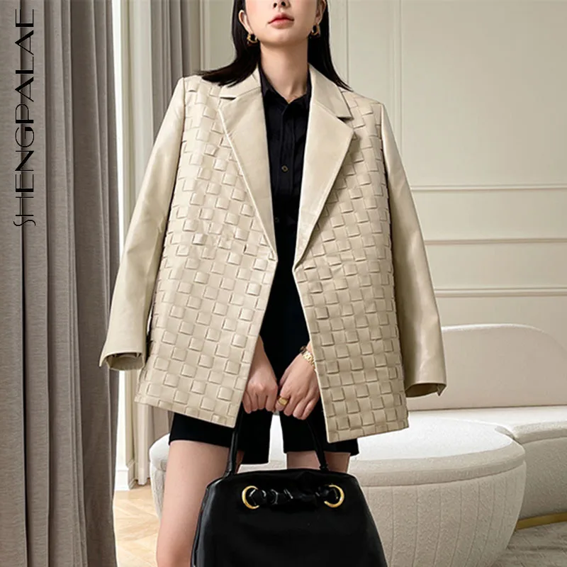 

SHENGPALAE Fashion Solid Color PU Leather Jacket Women's Autumn 2021 New Laple Loose Long Sleeve Suit Coat Female Tide 5E4825