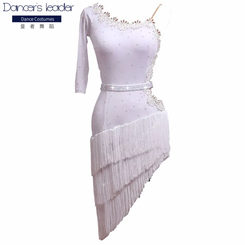 

New Latin dance competition dress white tassel skirt lace oblique shoulder dance skirt custom children's performance clothing
