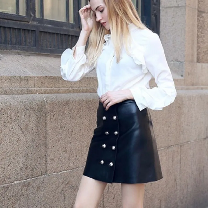 High Quality Woman Skirts Natural Leather Female Waist Fashion Double Breasted A Line Slim Fit Saia Feminina | Женская одежда