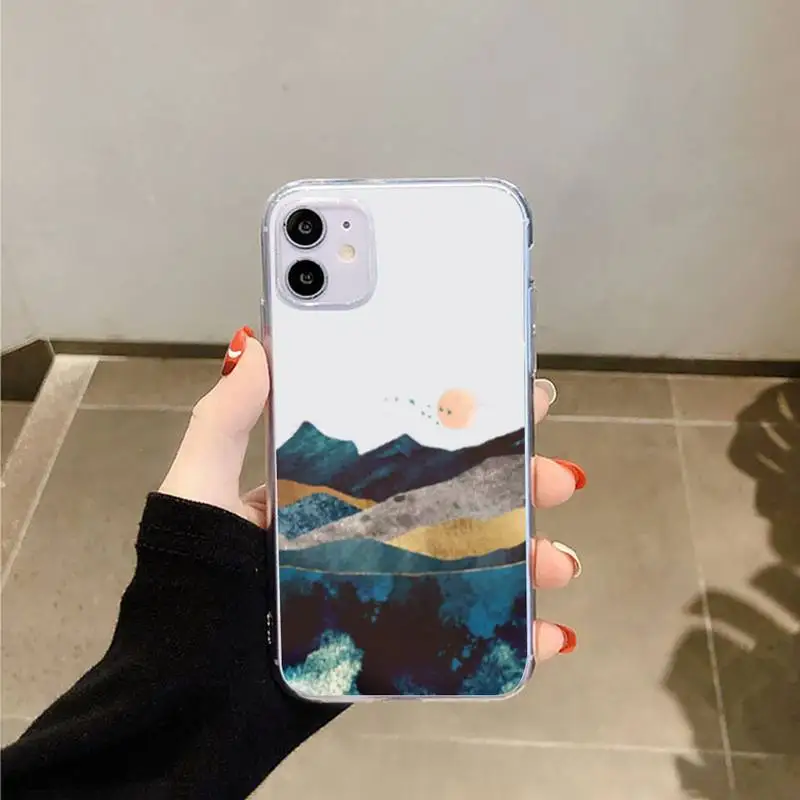

Mountain Marble Moon Phone Case Transparent for iPhone 6 7 8 11 12 s mini pro X XS XR MAX Plus
