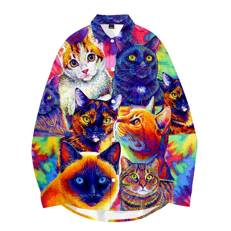 

LCFA Men Hipster Colorful Cat 3D Printed Long Sleeve Dress Shirt Night Club Hip Hop Party Singer Stage Shirts 5XLdropshipping