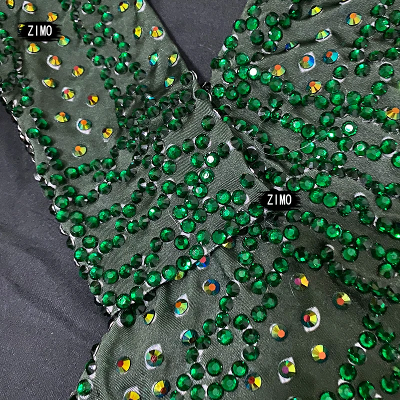 

Christmas green Shiny Rhinestone long tail Feather Dress elegant Women Evening Party Prom Crystals Dress Singer performance robe