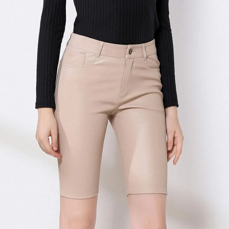 

Street Fashion Elastic Skinny Genuine Leather Shorts Women Casual Knee Length Trousers Natural Sheepskin Ladies Pencil Shorts