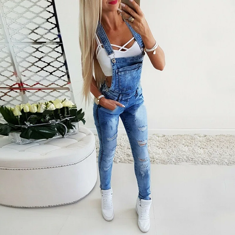 

JESSIC Skinny Denim Hemming Pants Jumpsuits Plus Size Denim Overalls Fashion Holes Summer Women Jeans Casual Washed Trous