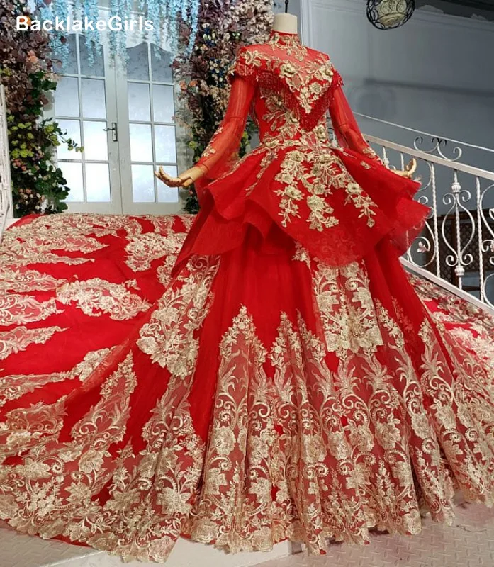 2020 Mariage винтажное красное мусульманское свадебное платье с высоким воротом и