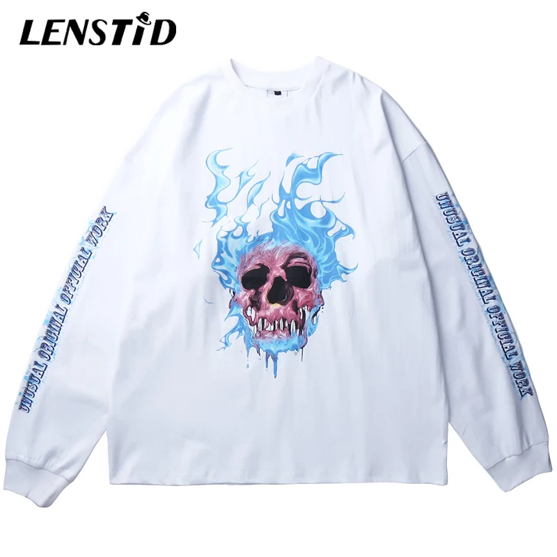 LENSTID 2020 Весенняя Мужская футболка в стиле хип хоп с принтом огненного черепа