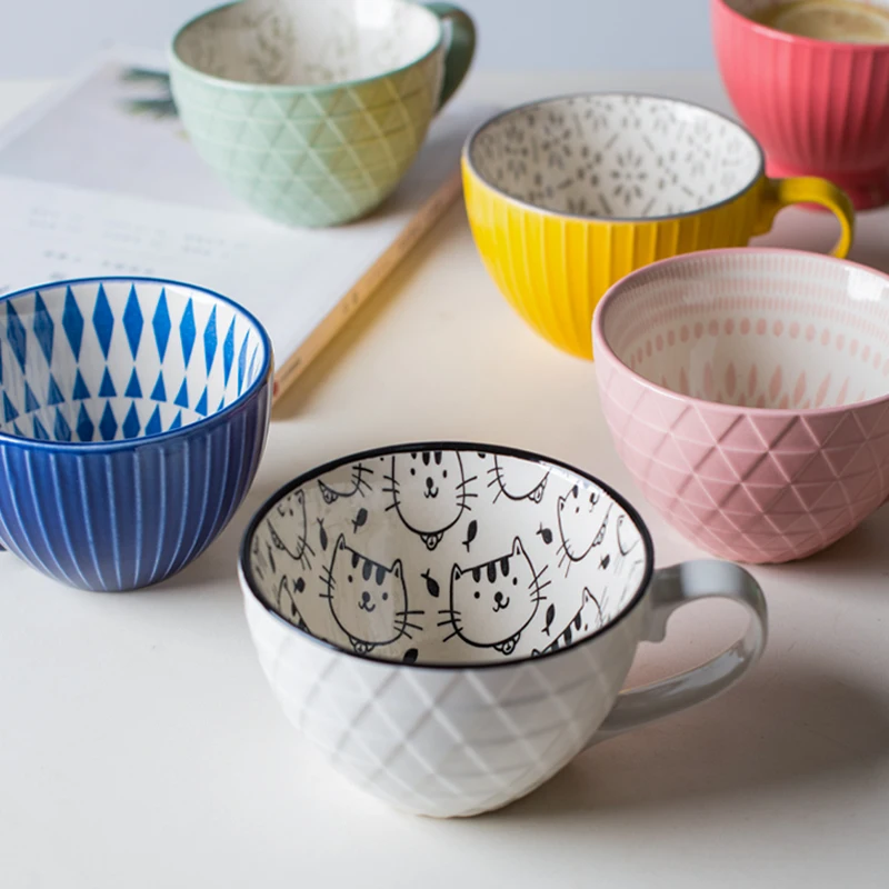 

Hand Painted Relief Bowl Creative Ins Nordic Style Underglaze Color Large Capacity Cute Ceramic Cup Oatmeal Strawberry Milk Mug
