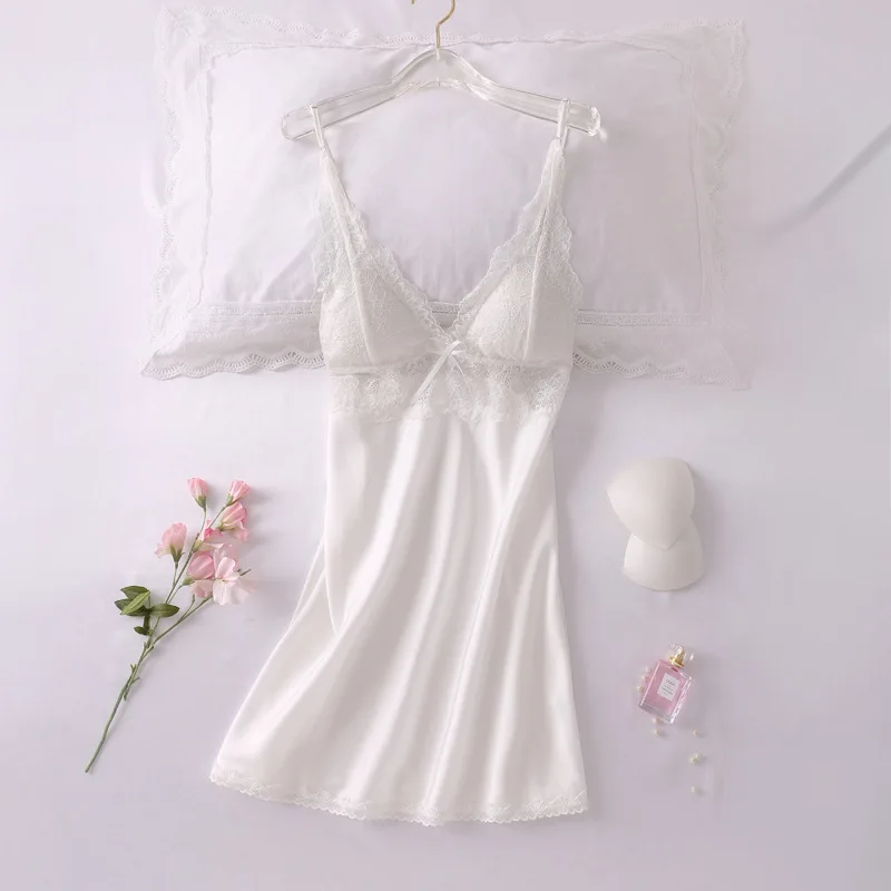 Satin Nightgown Women Sexy Suspender Skirt Sleepwear Silky Spaghetti Strap Nightdress With Lace Nightwear Home Wear Night Shirt