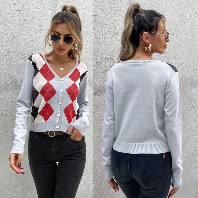 

Women's Fashionable Knitting Cardigan Argyle Pattern V-Neck Long Sleeves Single Breasted Women Knitted Cardigans Autumn 2021