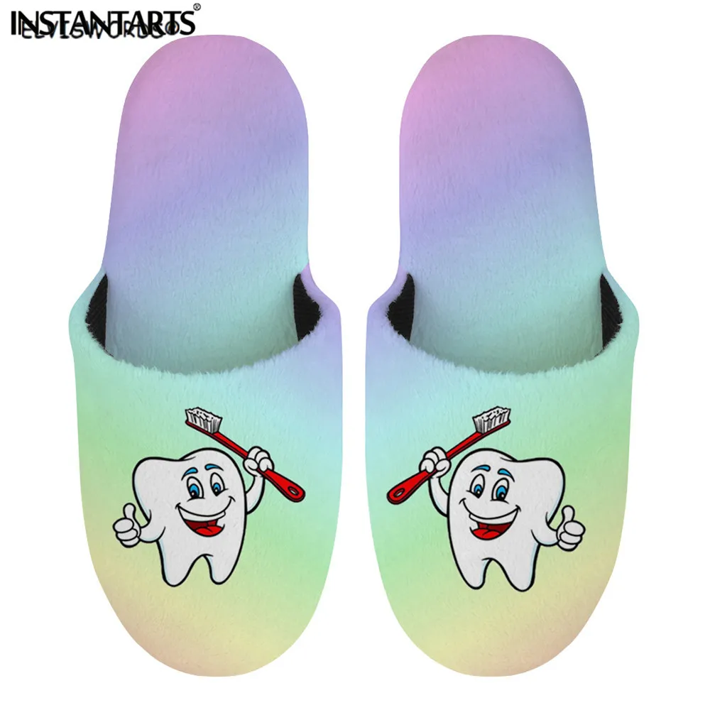 

INSTANTARTS Ladies Winter Warm Flip Flop Gradient Color Tooth Cartoon Pattern Slipper for Women Bedroom Soft Loafers Hot