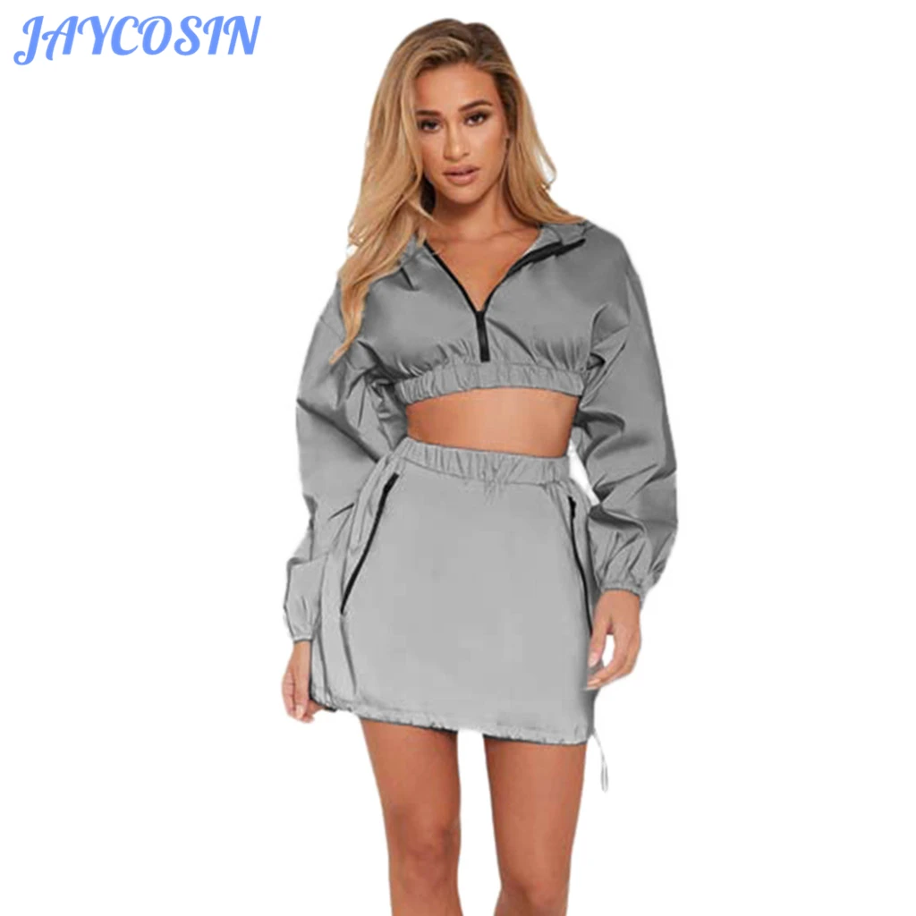 JAYCOSIN женский комплект одежды модный однотонный Светоотражающий Комплект из двух предметов короткий топ с длинным рукавом пальто и штаны наряды зима 912