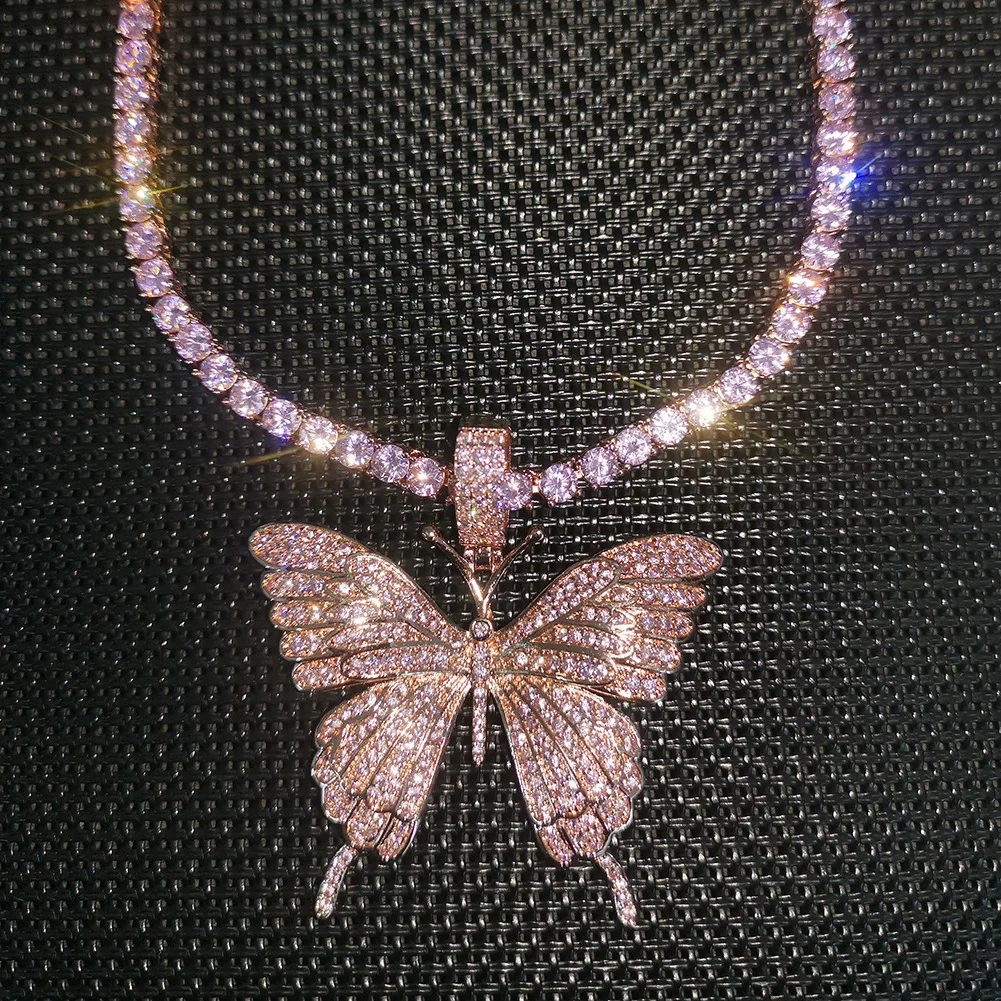 

Hip Hop Pink Iced Out Bling Cubic Zircon CZ Butterfly Pendant Necklace for Men Jewelry with Tennis Chain Necklaces