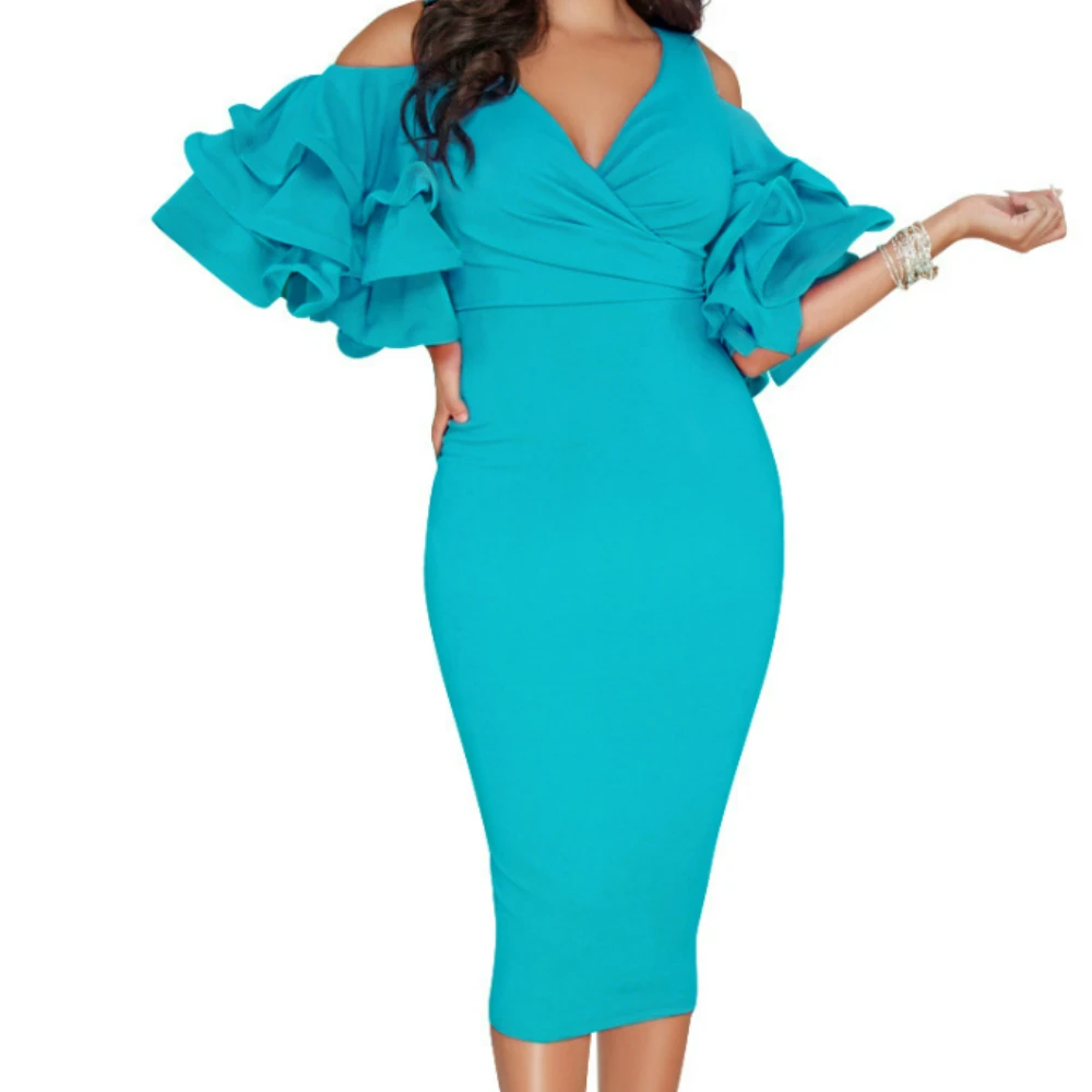 Женское облегающее платье карандаш с V образным вырезом рукавами оборками