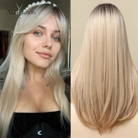 alan eaton long straight ombre brown blonde synthetic wigs with side bangs cosplay daily wigs for women heat resistant fake hair
