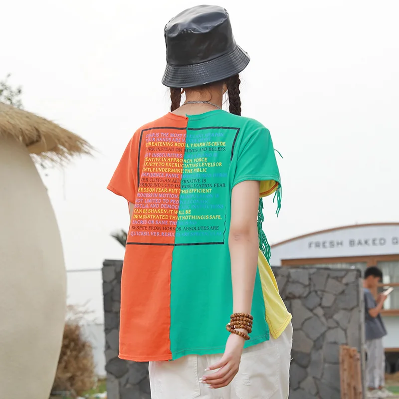 

Vefadisa Women Patchwork Color T Shirt 2021 Summer Women Letter Printed T Shirt With Tassel Female Casual T Shirt ZQY112C