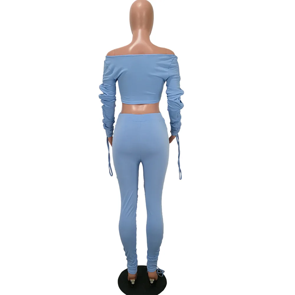 

HAOOHU 2020 Women Set Two Pieces Sets Summer Tracksuits Full Sleeve Tops+Leggings Pants Suit Draped Sexy Fitness Outfits