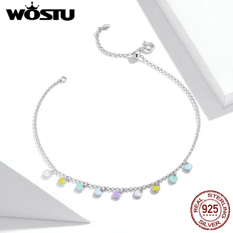 

WOSTU Anklet 100% 925 Sterling Silver Colorful Rainbow Zircon Fashion Barefoot Original Chain For Women Bracelet Jewelry FIT020