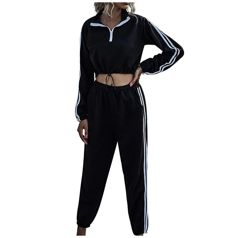 

2020 Autumn And Winter Fashion Women Casual loose Zipper Stripe Stitching Sports Sweater Suit Striped Halo Sports Casual lapel