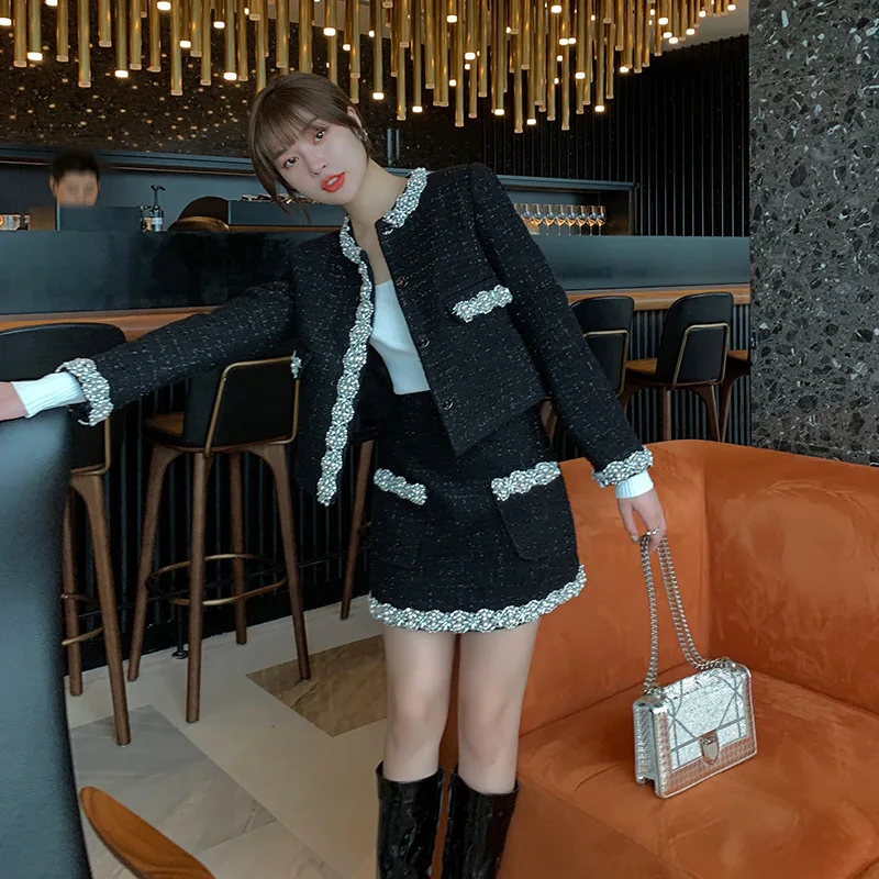 

High-end customization2020 autumn/winter newbeaded,quietly elegant,small fragrance fashion ladies coat,half skirt,two-piece suit