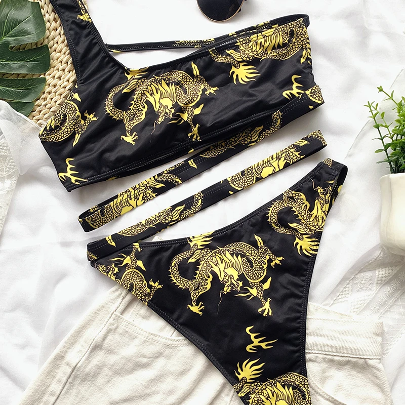 

2021 Print Low Waist Bikini Set Female Sexy Two-Pieces Swimsuit One Shoulder Bra Bandeau Top Swimwear Women Bathers Bathing Suit