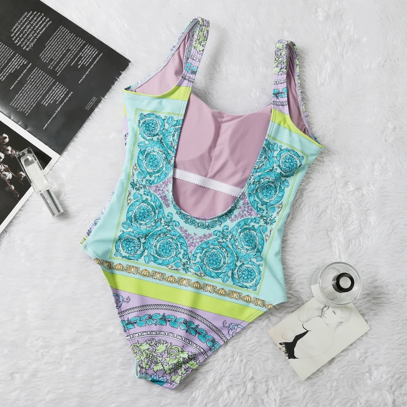 

2021 Gold Print Bikini One Piece Swimsuit Floral Fashion Swimsuit One-Piece Suits Backless Bathing Suits Swimwear
