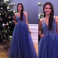 new design cheap sexy see through blue tulle v neck long blue prom dresses 2021 evening gowns for women
