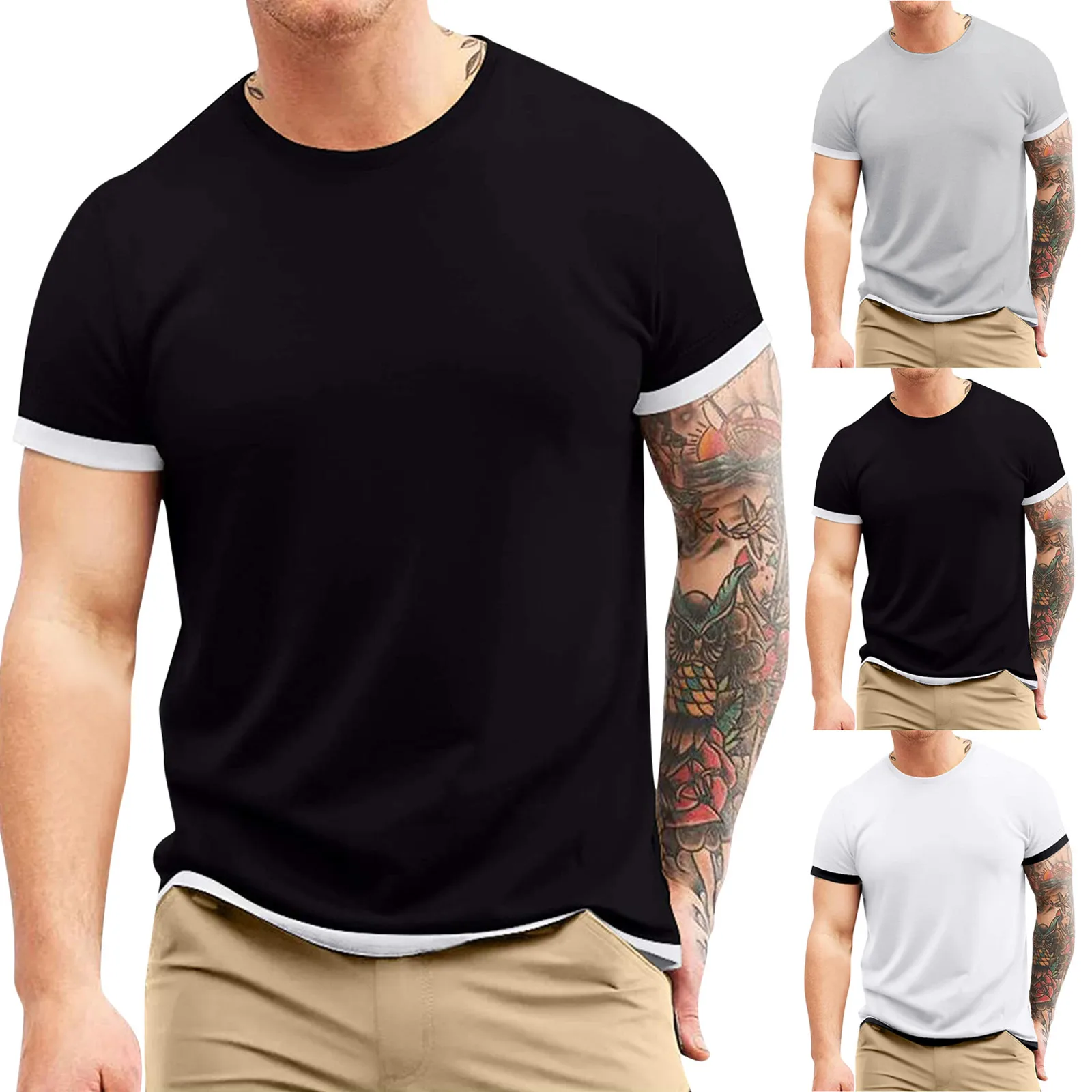 

25# Solid Short Sleeve Men's Shirt Casual Fake Two Piece Daily O-neck Summer Cotton Basic Tops Blouse Slim Streetwear Shirts
