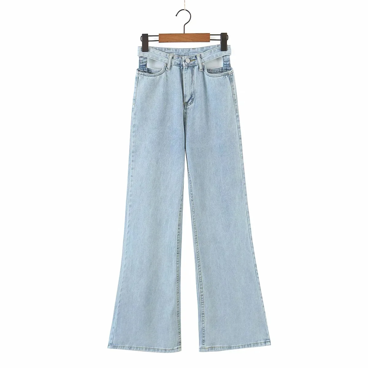 

TVVOVVVIN Washed Jeans New Hollow Out High Waist Denim Trousers Spring 2021 New Female Fashion Wide Leg Pants SH6P