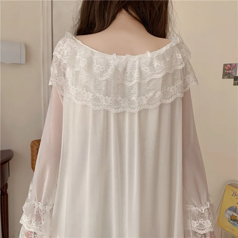 

high quality mesh lace nightgowns women long sleeve see through long night dresses embroidery lolita princess sleepwear Y776