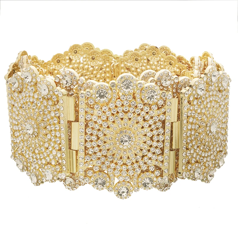 Luxurious Aristocratic Gold Color Wedding Dress Belt With All-Rhinestone Sparkling Moroccan Metal Belt