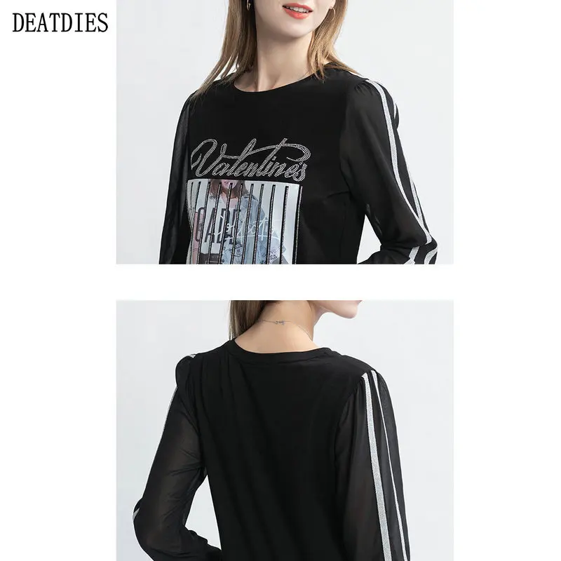 

New 2020 Fashion Women Summer Diamonds Lady Casual T-shirt Tops Harajuku Long Sleeve Plus Size O-Neck Tops Tees Camisetas Mujer
