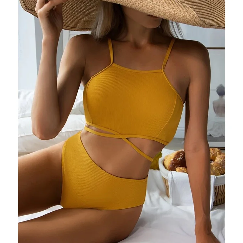 

Rinabe High Waist Biquini 2022 Solid Swimsuit Women Lace Up Swimwear Sexy High Cut Bathing Suit Push Up Bikini Set Beach Wear
