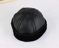 winter warm hat solid color casual fashion shearling leather fur beanie hat sailor cap cuff round bucket