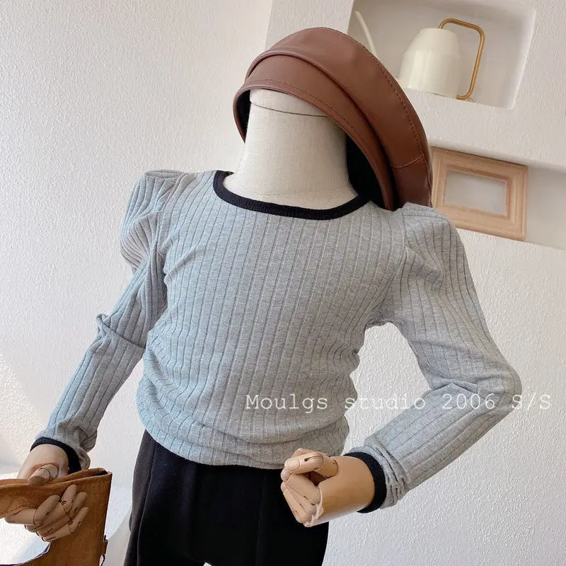

Autumn new girls Bottomed color matching cuffs shrug long sleeve T-shirt baby kids girls solid pit striped versatile tops P4 406