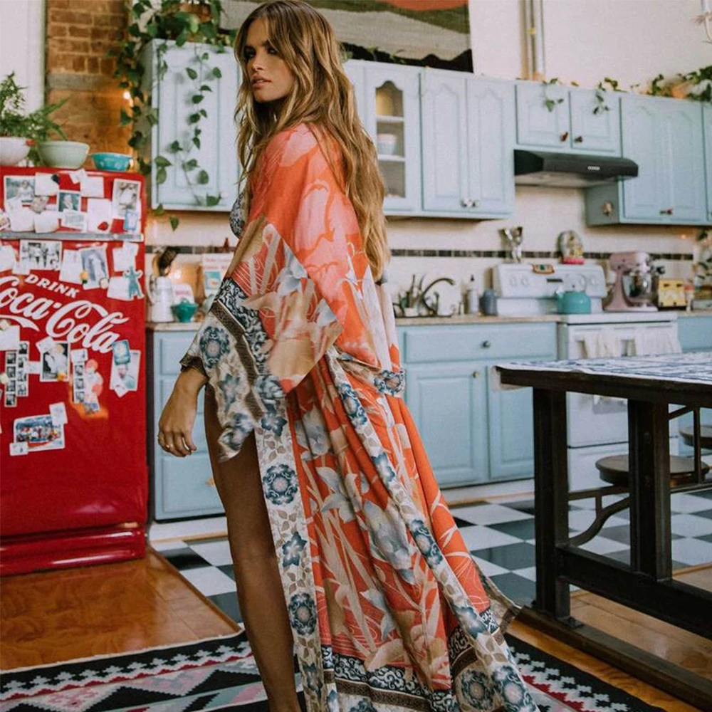 

Bohemian Floral Printed Beachwear Vintage Kimono Holiday Bikini Cover Up Robe De Plage Sarong Beach Swimsuit Cover-Ups